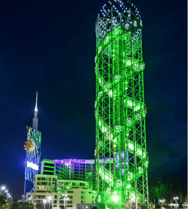 The illuminated Alphabet Tower in the Georgian city of Batumi.