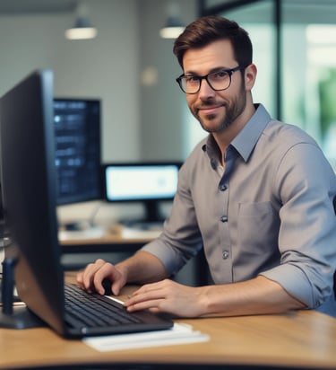 Close-up of hands typing on a laptop with code and charts on screen.