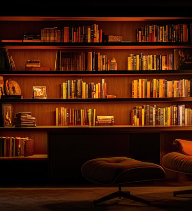 Bookshelves representing publishing for authors and estates at an independent press.