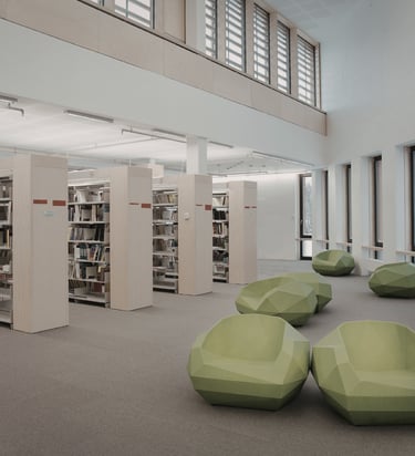 Library reading space in natural light, shows books for educators and librarians.