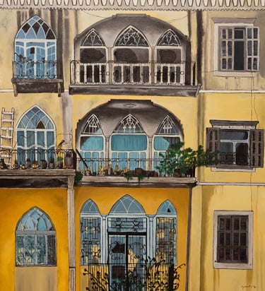 painting of a Lebanese building in Beirut windows and balconies by  Lebanese painter Myriam Kayali