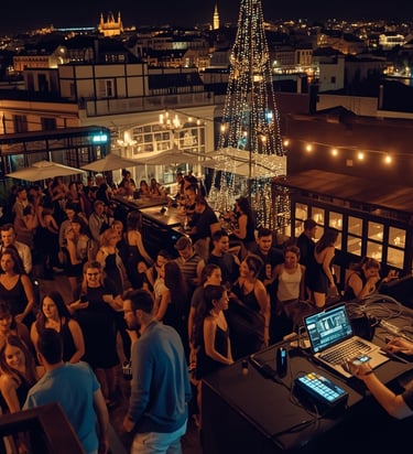 Cena noturna em bares do Porto com DJ tocando para público animado