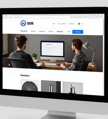A sleek, modern workspace with a laptop displaying a minimalist website design in dark mode.