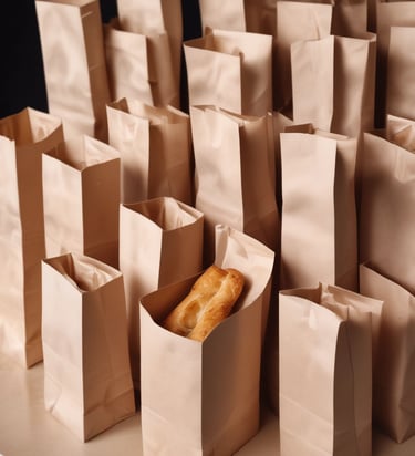 Rolls of transparent plastic film stacked in a warehouse, some showing colorful printed designs.