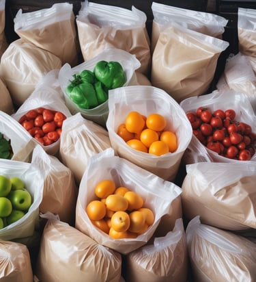 Rolls of transparent plastic film stacked in a warehouse, some showing colorful printed designs.