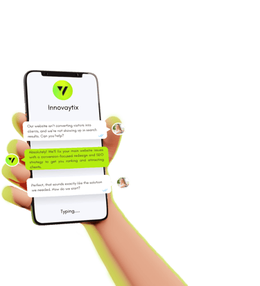 Smartphone mockup showing a chat between Innovaytix and a client.