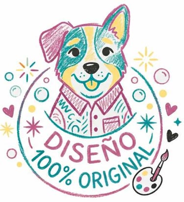 Colorful hand-drawn dog illustration with 100% original design text in Spanish.