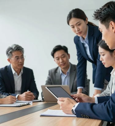 A diverse group of corporate professionals collaborating around a large table in a sunlit meeting room. They are looking at a tablet and discussing strategy. The scene exudes efficiency and teamwork, with branding colors #0B1A2A and #476C8C reflected in the office furniture and professional clothing.