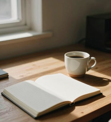 Quiet office environment with warm natural window light casting soft shadows on a wooden desk with a notebook and a ceramic coffee cup, shallow depth of field, muted earth tones, 35mm film style.