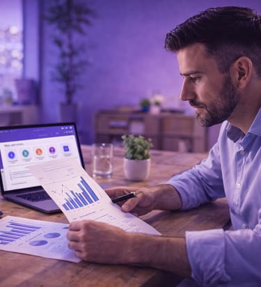 Dirigeant de TPE analysant les performances de son site web sur ordinateur.