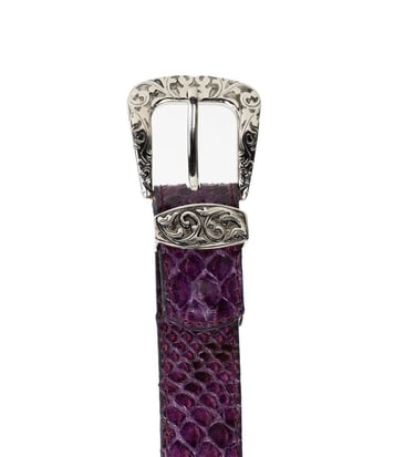 Purple snakeskin leather belt with an engraved silver western-style buckle and hardware.