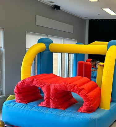 a bouncer in a room with a large window