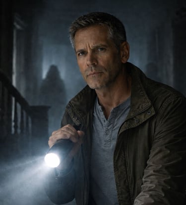 a man in a dark room with a flashlight light shining on his hand