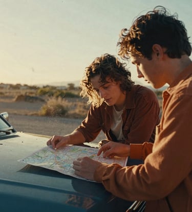 Dos jóvenes en un viaje por carretera, consultando un mapa de papel sobre el capó del coche.