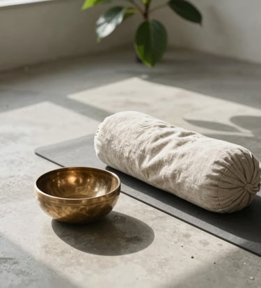A high-end professional photograph of a calm, premium yoga studio setting. Soft morning shadows dance on light textured concrete floors, displaying a natural linen yoga bolster and a warm brass singing bowl. Sage green leaves from an indoor plant subtly drape over the corner of the frame. Global / South Asian context.