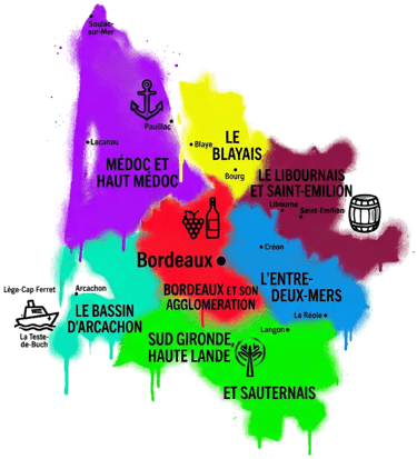 Carte de livraison bennes Bordeaux Gironde, territoires style graffiti coloré.