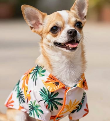 Un adorable perro chihuahua con una camisa hawaiana estampada con palmeras tropicales sentado