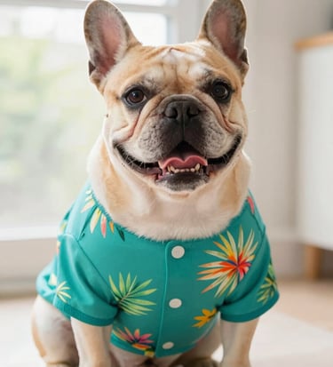 bulldog francés con una camisa hawaiana tropical de color turquesa sentado