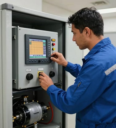 An Argentine technician in neat professional blue uniform conducting preventive maintenance on a modern generator control panel in a South American utility room. Bright daylighting, crisp focus on digital display screen with slate gray and amber tones.