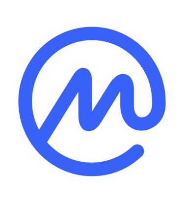 a blue and white logo with the letter m in the middle