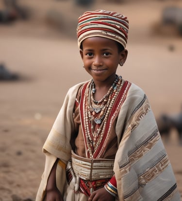 A child wearing a traditional outfit adorned with intricate beads and decorations stands prominently. The headpiece features black fabric with white beads, silver ornaments, and red accents. In the background, more children are wearing similar attire, slightly out of focus.