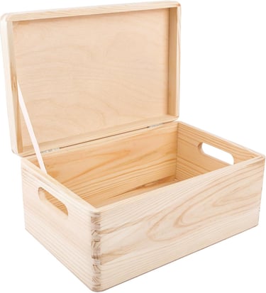 Open unfinished pine wood storage box with lid and handles for organization and crafts.