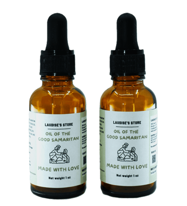 Two one-ounce bottles of good Samaritan oil standing side by side