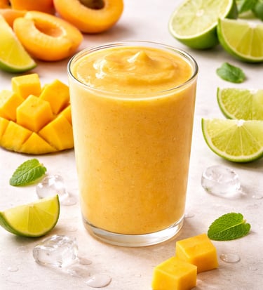 A glass of yellow mango apricot smoothie with fresh lime slices and mint on a white table.