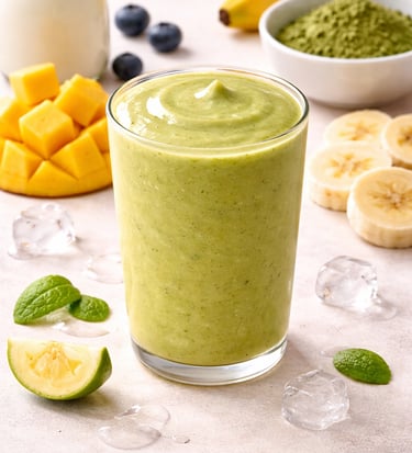 A creamy green matcha smoothie in a glass with fresh mango, banana slices, and mint leaves.