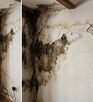 Humedad por filtración en pared interior con moho y manchas de agua