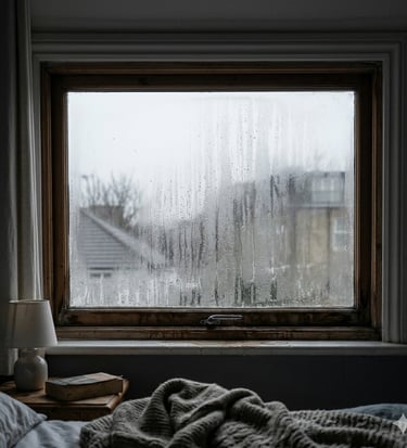 Condensación en ventana de dormitorio por exceso de humedad en una habitación