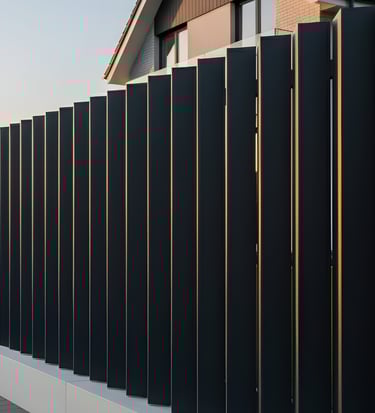 Valla metálica de lamas verticales en forma de V Modelo Vértice instalada en vivienda unifamiliar