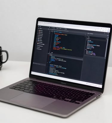 A professional close-up of a high-end laptop display showing modern code and web design interfaces on a minimalist clean desk in Germany, subtle crimson red and matte blue reflections, highlighting IT excellence