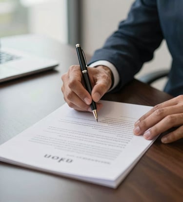 Real-world close-up photography of a Brazilian lawyer's hands signing formal corporate documents with an elegant pen on an upscale dark office desk. Soft natural side lighting, professional and premium look.