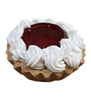 Mini fruit tart with red jam center and whipped cream swirls on a shortbread crust.