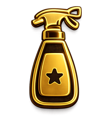 Golden glowing spray bottle icon with star logo isolated on a black background.