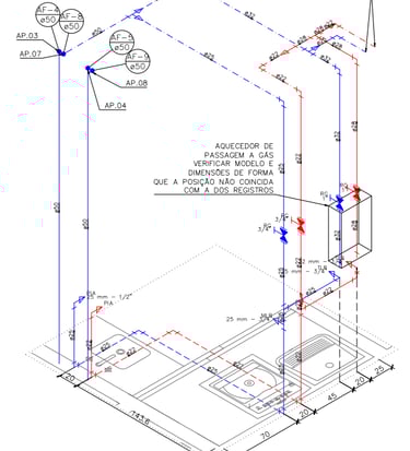 Detalhe isométrico de cozinha residencial com água quente e fria