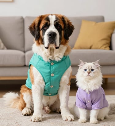 perro san bernardo con chaleco verde turquesa a un lado de un gatito blanco peludo con pijama lila