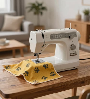 máquina de coser sobre mesa de madera con tela amarilla mostaza con huellitas de perro en medio de una sala