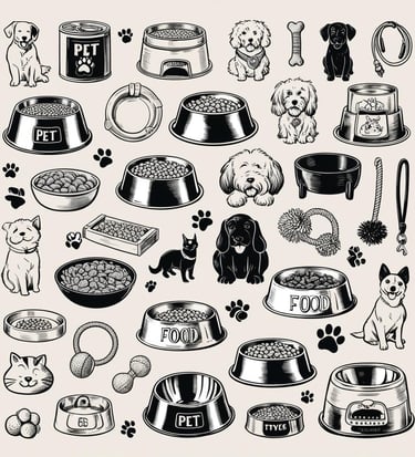 A variety of pet food and accessories arranged together