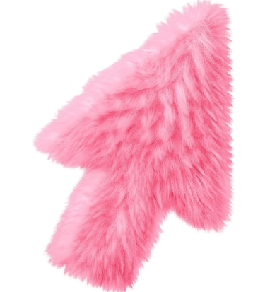 A pink fuzzy mouse cursor icon with a soft faux fur texture isolated on a black background.