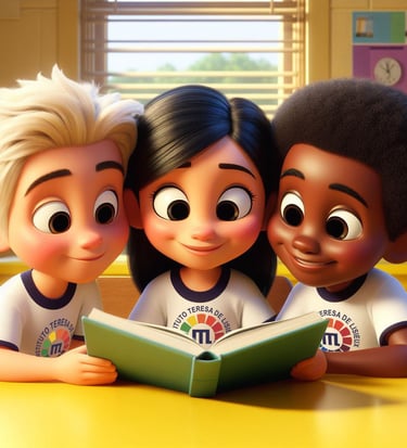 Três alunos lendo um livro