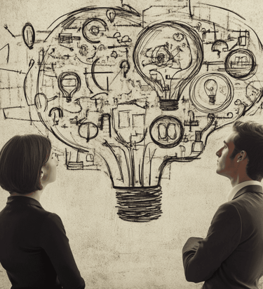 a man and woman looking at a drawing of a light bulb bulb