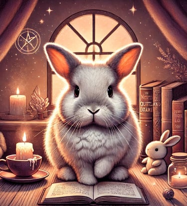 a rabbit sitting on a table with a book 