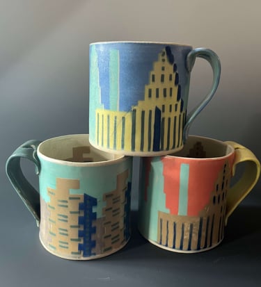 Stoneware mugs, stenciled with Cityscape designs