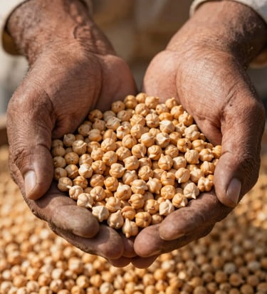 A close-up shot of healthy, golden chickpea seeds being held in a farmer's weathered hands, warm natural sunlight illuminating the texture of the seeds and dry soil, South Asian setting, commercial agricultural style.