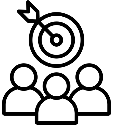 Black and white line icon of a target with an arrow above a group of three people icons.
