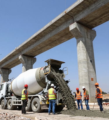 Low-angle heroic shot of a concrete mixer truck pouring concrete on a massive bridge foundation in Peru, engineers in high-vis vests and hard hats supervising, bright daylight, industrial texture