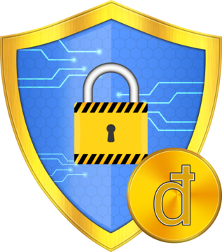 Cartoon-style shield with a padlock over a Bitcoin coin, representing security in DeFi