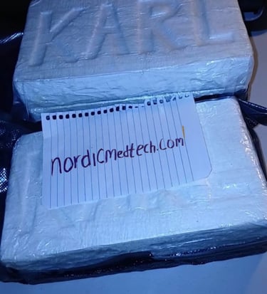 Two white shrink-wrapped rectangular bricks with KARL embossed, featuring a NordicMedTech note.